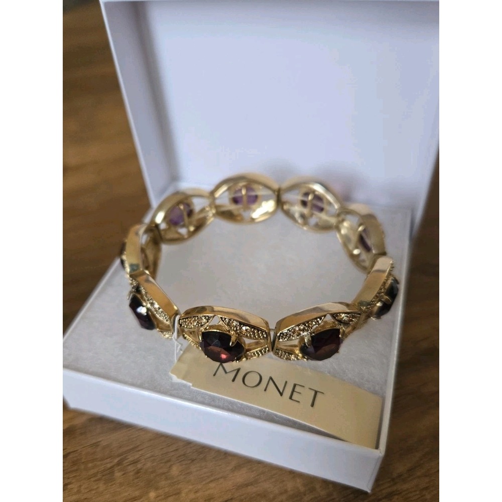 2007 Monet Expandable Gold Tone Faux Amythest Ornate Bracelet Estate NWT - Picture 7 of 10